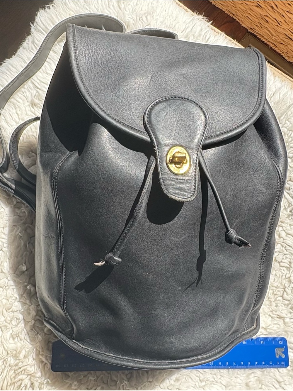 Vintage 1990’s Coach Black Leather Drawstring Backpack with Brass/Gold Turn-Lock